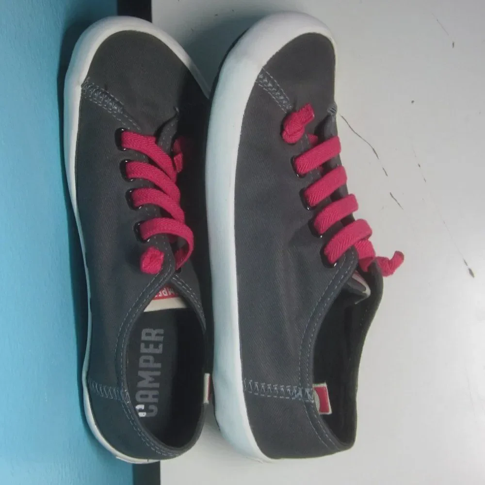 Camper Peu Unisex Size 36 Womens 5.5 Gray Canvas Slip On Sneakers Pink Laces